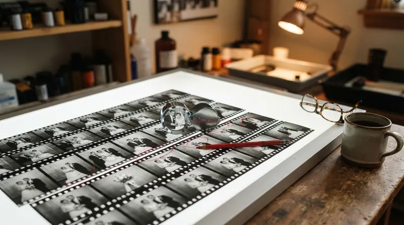 A black-and-white contact sheet with a magnifying loupe and a red grease pencil on a glowing light table