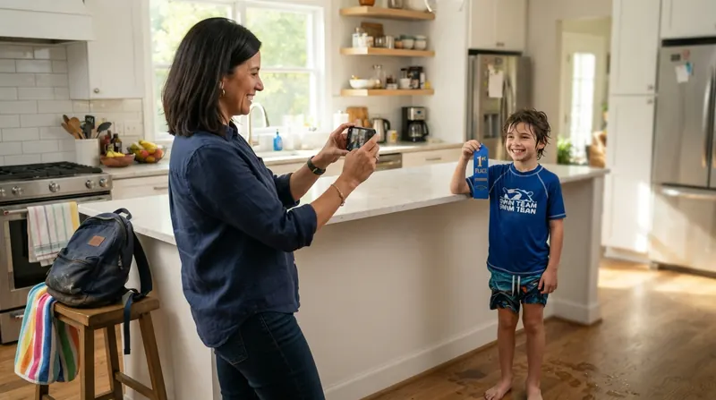 A woman in her forties in a bright kitchen photographing her young son holding a swimming ribbon with her phone held sideways