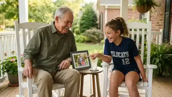 An older man and his eleven-year-old granddaughter leaning together over a digital photo frame on a porch side table, the girl pointing at the screen, slow zoom