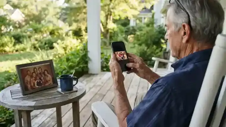 An older man's hands holding a smartphone and squinting at a small photo on it, on a porch beside a digital frame showing an old picture, slow pan