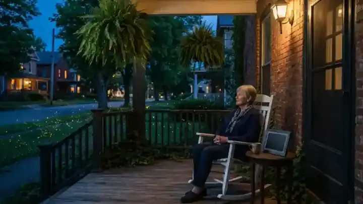 A wooden front porch at dusk with a woman resting in a white rocking chair, a dark digital photo frame on a side table, a porch light on and fireflies over the lawn, slow pull back