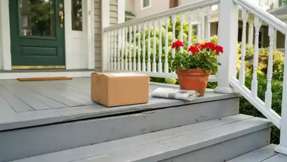 A small cardboard delivery box resting on painted wooden porch steps beside a pot of geraniums and a rolled newspaper in morning light